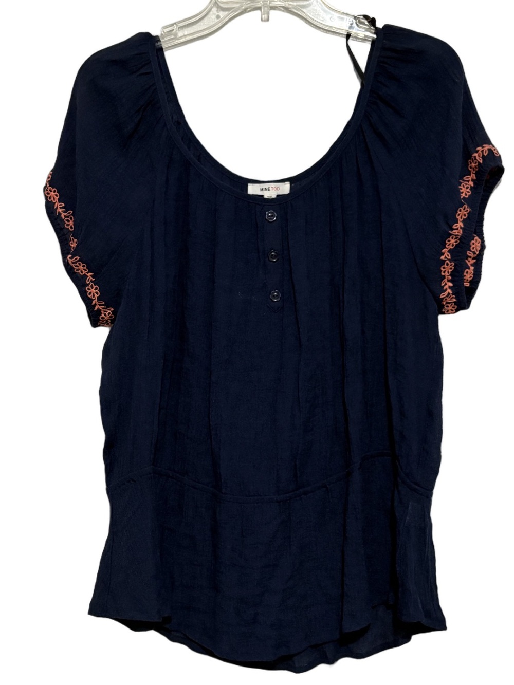 Women’s NWT Navy Peasant Top with Coral Embroidery